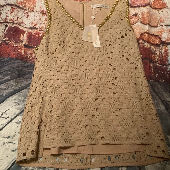 Trina Turk| Two Harbors Top  Beige | Contrast metallic beading at neckline  Sz S - Picture 6 of 9